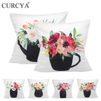 curcya white cushion covers pot flora flowers printed polyester soft velvet pillow cover home decorative sofa square pillowcase
