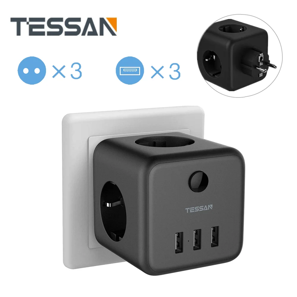 

Home/Office/Travel Adapter Multi Outlets Expander EU Plug Wall USB Socket Power Strip with 3 USB 5V/2.4A On/Off Switch and 3600W