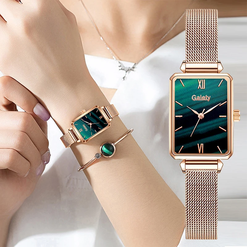 

Часы женские кварцевые с квадратным циферблатом, роскошные брендовые Модные Простые с зеленым циферблатом, с сетчатым браслетом из розовог...