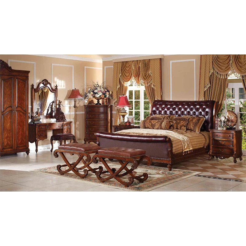 

legant european style antique King bed, leather bedroom sets Skóra sypialnia zestawy GH06