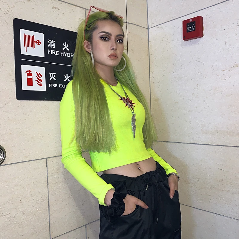 HEYounGIRL Базовая футболка с длинными рукавами Женская Повседневная футболка с вышивкой Harajuku Хлопковая женская неоновая зеленая футболка Женская Осенняя