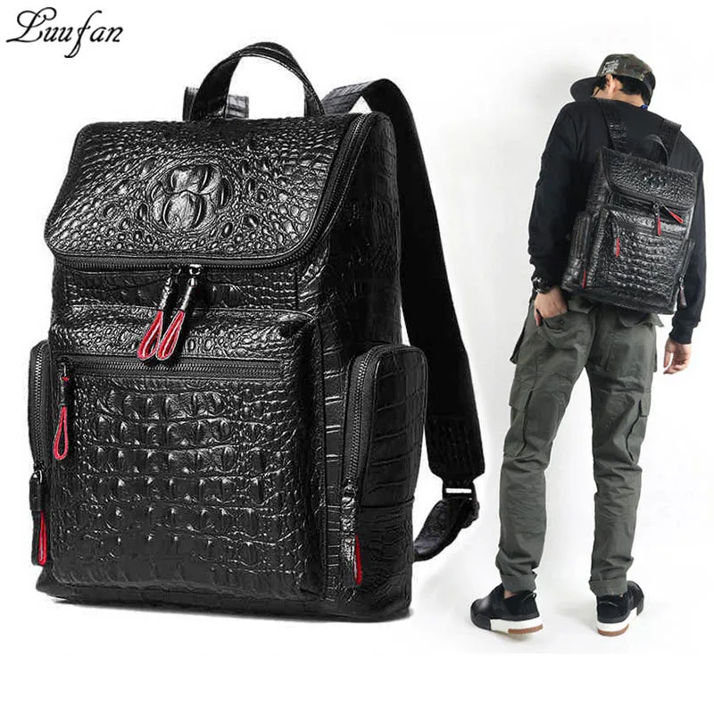 Мужской рюкзак Luufan из натуральной крокодиловой кожи для ноутбука 14 дюймов черный