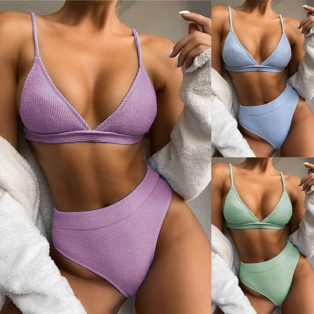 

Ladies Solid Color Split Swimsuit Bikini Summer Sexy Solid Bikini Swimsuit Set Push-up Swimsuit Beachwear Q6