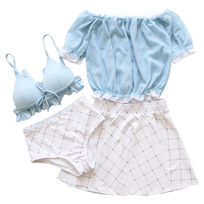 Women's blue Plaid Swimsuits Sexy Swimming Suit Bikini Girl Separate Swimwear with a skirt Female Brazilian Bathing Suits biq k | Женская