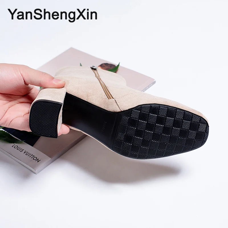 YANSHENGXIN/обувь женские ботинки однотонные замшевые сапоги до середины икры на молнии Женская обувь на высоком каблуке осенне-зимние сапоги женские ботинки