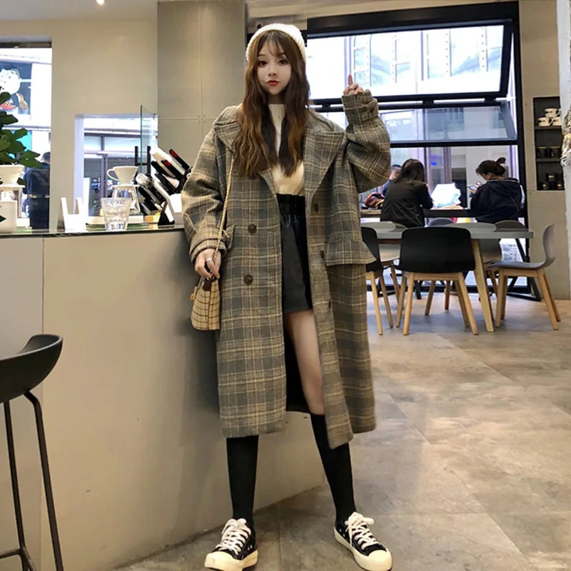 

2021New Vintage Spring and Autumn Tartan Woolen Plaid Woolen Coats New Large Size Fashion Loose Women's coat FC543