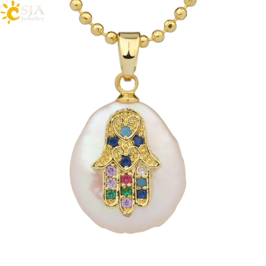 Necklace-N CSJA монета пресноводный жемчуг подвески маленький размер сглаза Хамса Фатима рука Циркон золотого цвета ожерелье чокер для женщин девочек G205 - Окраска металла: Necklace-N