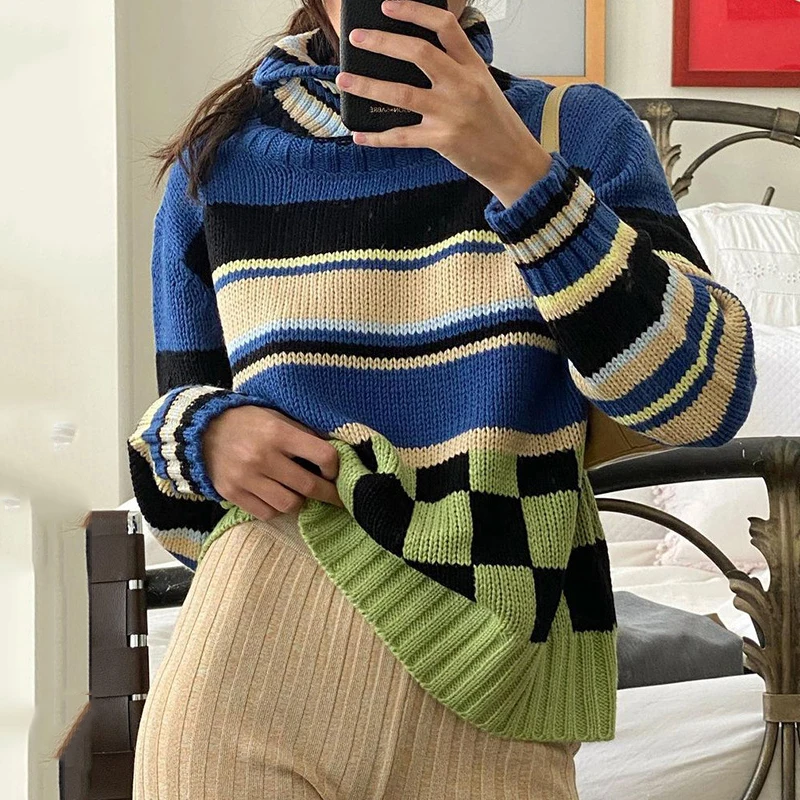 

Винтажный свитер с вышивкой, Повседневный Женский Свитер оверсайз в полоску с длинным рукавом, милый Зимний пуловер y2k