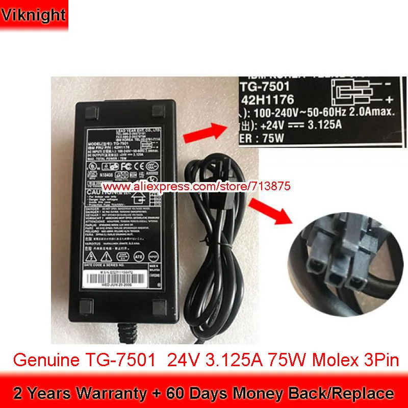 

Натуральная TG-7501 TG7501 24V 3.125A 75 Вт адаптер переменного тока для IBM 40N5606 6145-1TN 4610-1NR принтер 6140-14C TG-7601-ES
