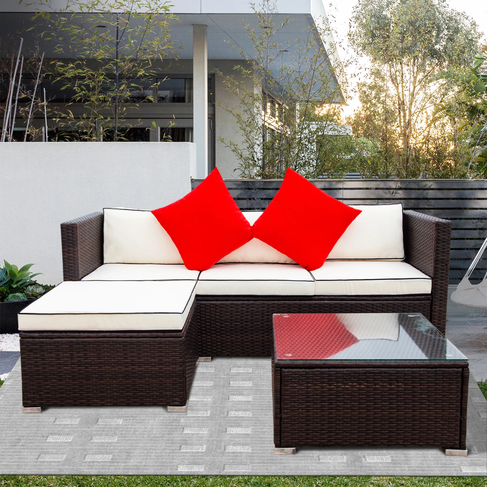 

3 Piece Patio Furniture Set Wicker Sectional Sofa Set For Outdoor Garden Furniture Set Poolside Sets
