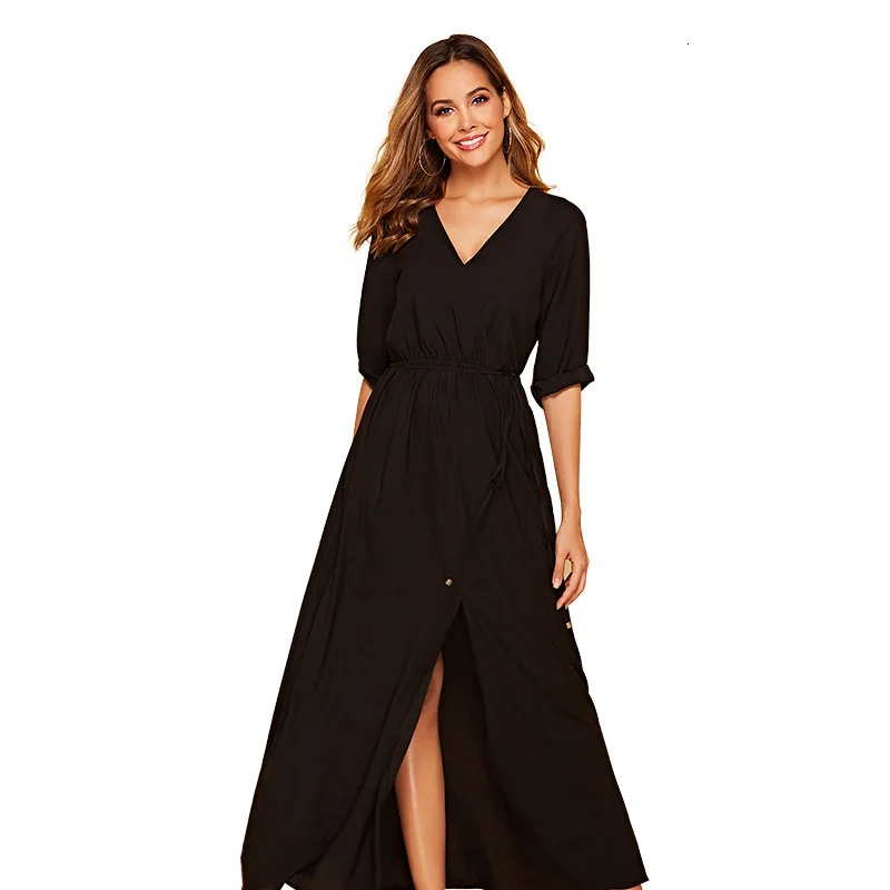 

Sexy V Neck A Line Flowy Black Dress Half Sleeve Sashes Belt Dress Women Elegant Female Autumn Split Long Midi Slim Party Dress