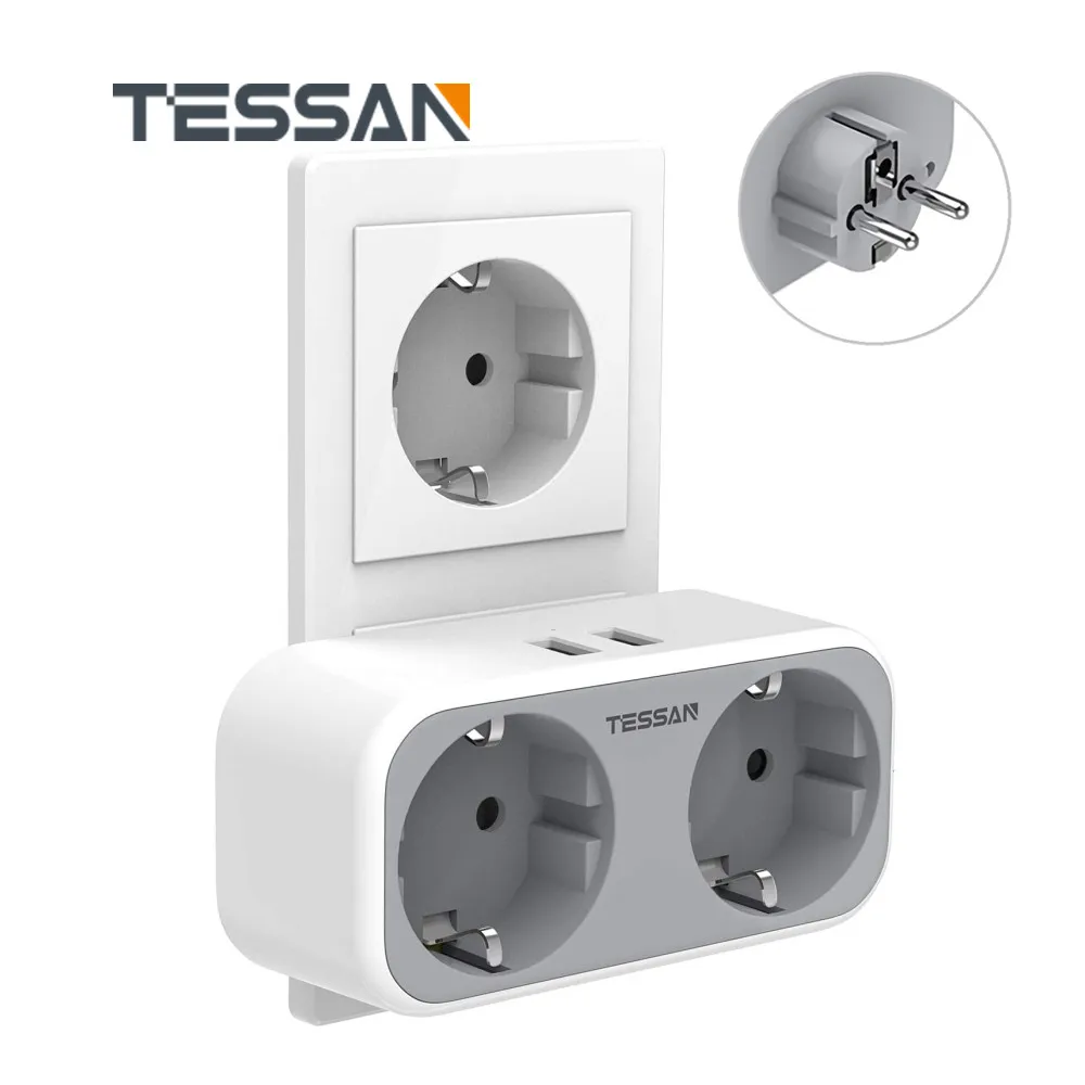 

TESSAN 4 In 1 Electrical Sockets EU Plug Power Strip with 2 AC Outlets 2 USB Ports Portable Wall Charger Adapter for Home Travel
