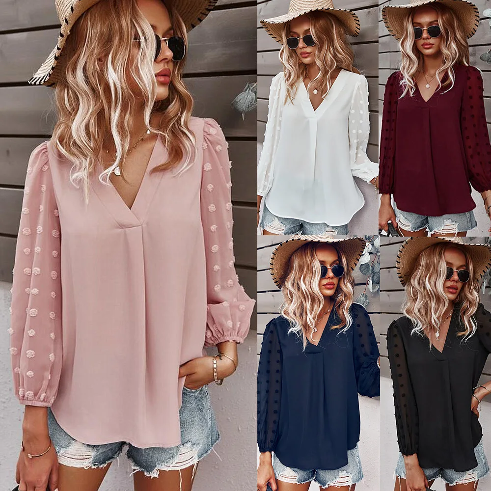 

Women's Casual Shirt In Spring and Summer 2021 V-Neck Long Sleeve Black Yellow Pink White Tops