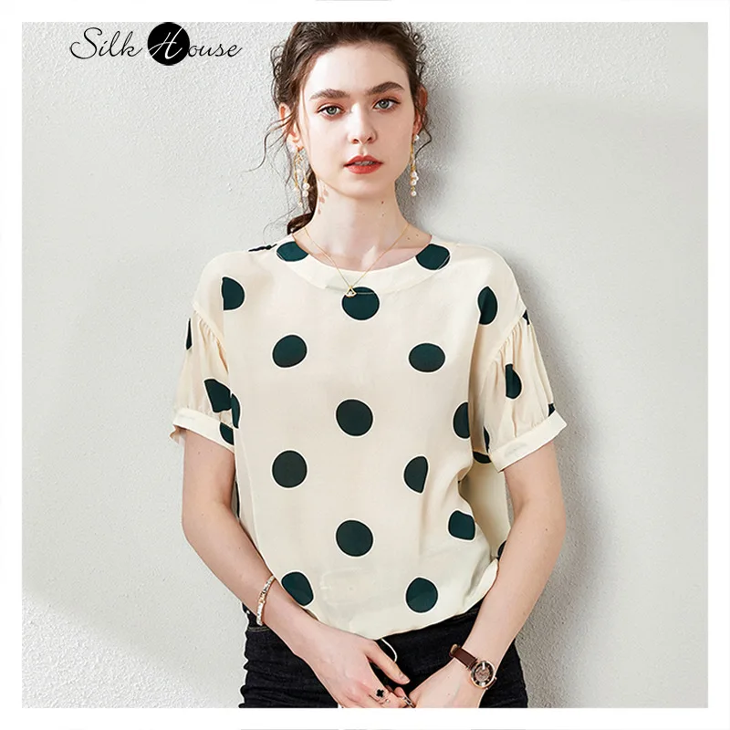 Рубашка с круглым вырезом и коротким рукавом топ принтом в горошек шелковая