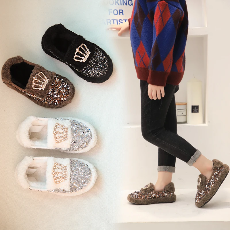 Детские блестящие тапочки зимние детские зимняя домашняя теплая обувь для