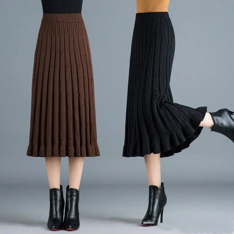 

Knit Skirt Women 2021 New Autumn and Winter Sweater Solid Color Skirt High Waist Long Loose Ruffle Skirt Femme Jupe Y322