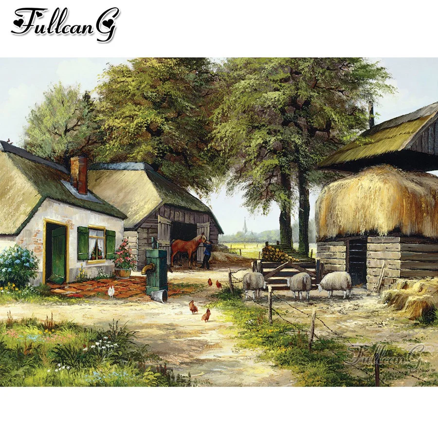 

FULLCANG diy diamond paintings thatched cottage scenery full rhinestone embroidery sale 5d mosaic picture decorative FG0512