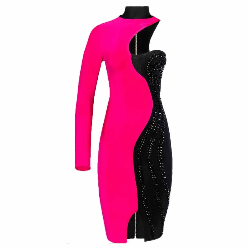Женское платье с длинным рукавом облегающее коктейльное черного розового