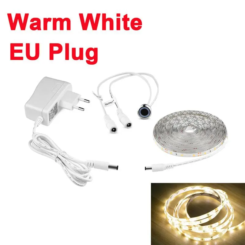 Warm White---EU Plug DC 12 В диммерный сенсорный датчик Светодиодная лента Водонепроницаемая 1 м 2 м 3 м 4 м 5 м светодиодный светильник Диодная лента спальня кухонный шкаф ТВ светильник s светодиодный лента - Испускаемый цвет: Warm White---EU Plug