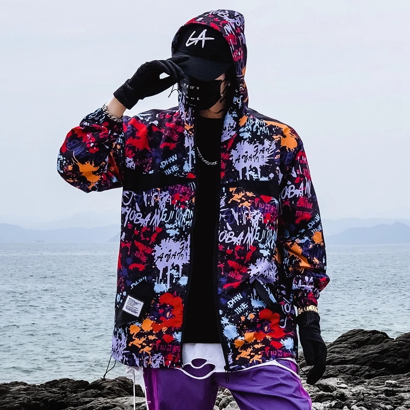 

Print Jacket Men Hip Hop Windbreakers Hoody Jacket Slim Fit Mens Spring Autumn Summer Streetwear Thin Coat