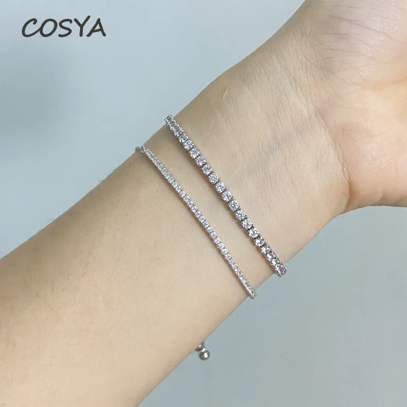 

COSYA Real 925 Sterling Silver 1.5mm Simple Shining Classic High Carbon Diamond Adjustable Single Row Bracelet Fine Jewelry Gift
