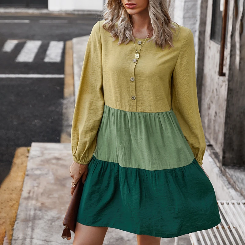 

Patchwork Fashion Long Sleeves Summer Beach Dress Spring Indie O Neck Solid Color Dress Casaul Pullover Irregular Party Dresses