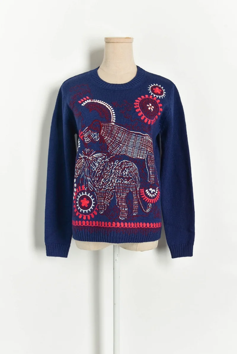 Роскошный женский свитер 2020 Runway Темно-Синий Свободный пуловер с вышивкой