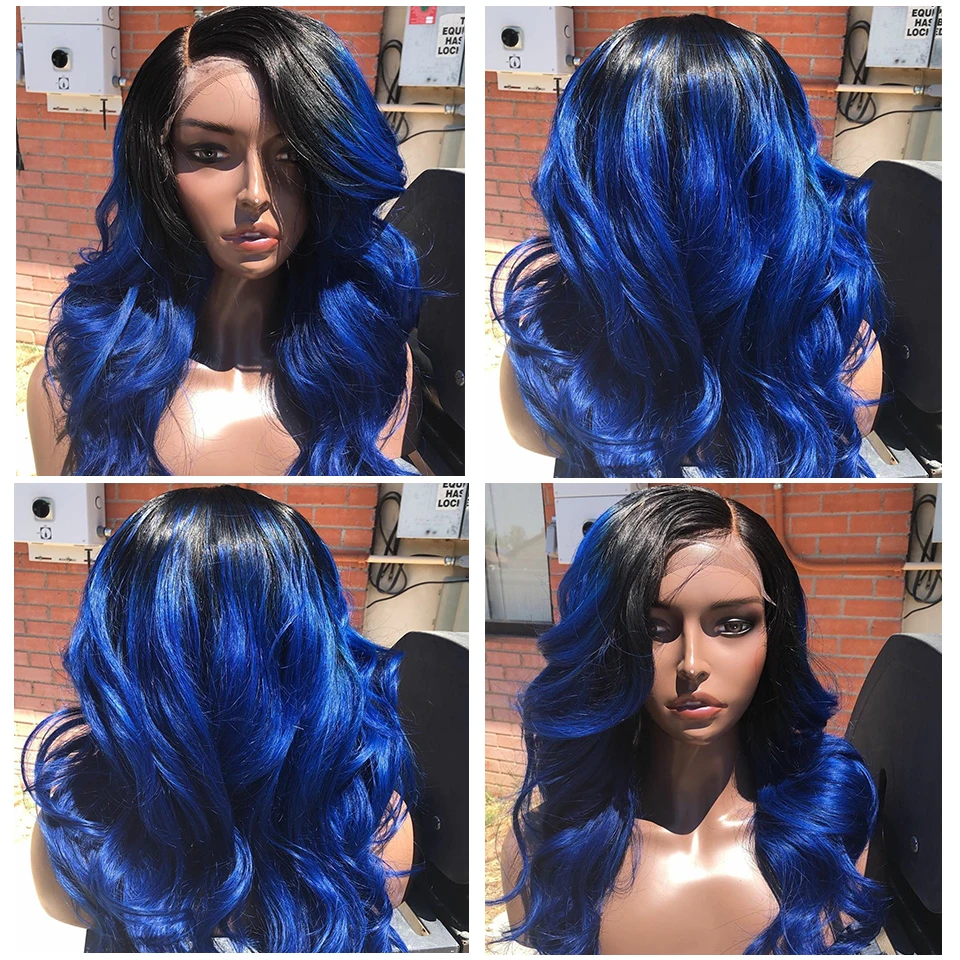 

Sexay Blue Hair Bundles 3/4 Pcs Human Hair Weaves Ombre Pre-Colored Dark Roots Brazilian Body Wave Hair Bundles
