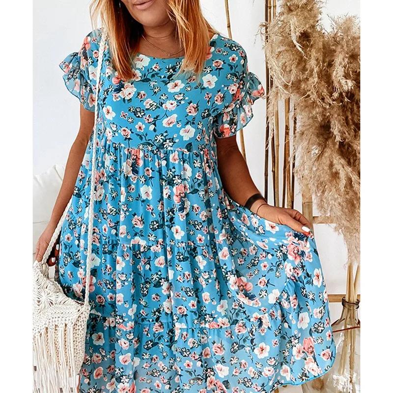 

Floral Print Summer Dress Women Bohemian Beach Dress Short Sleeve Ruffle Dresses for Women Robe