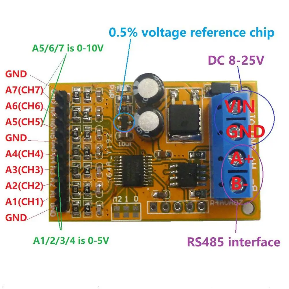 Аналоговый коллектор напряжения R4AVA07 7 каналов RS485 ADC Modbus RTU 03 06 функциональный код