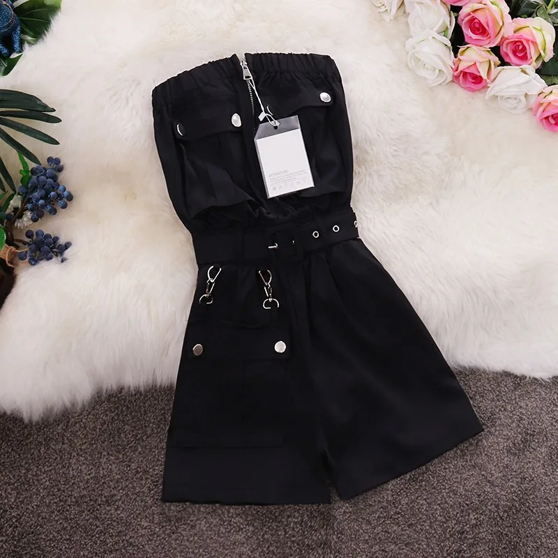 2021 New Women Rompers Summer  Sleeveless Jumpsuit Solid Button Pocket Short Pants Wide Leg Overalls  Strapless Clothes Set