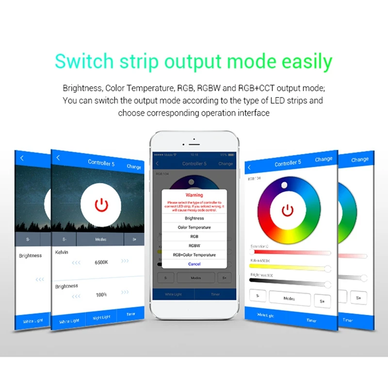 

Miboxer WL5 LED Strip Light 5 in 1 Controller for CCT, RGB, RGBW 5050 3528 2835,Smartphone APP Control Without Extra Hub