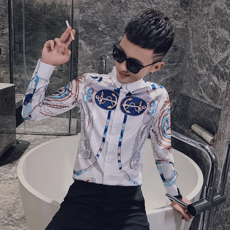 

Print Long Wings Sleeve Shirt Casual Slim Fit Streetwear Shirts Fashion Social Party Nightclub Men Clothing Camisas Para Hombre