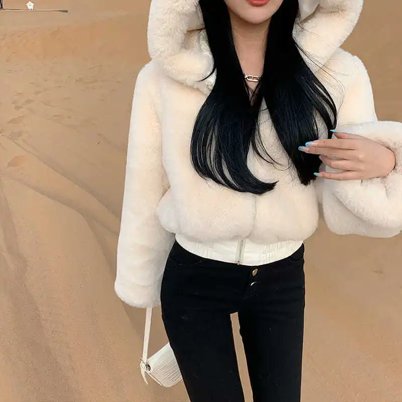 2021 Winter Women Faux Fur Coat Hooded Jacket Warm Short Artificial Parka Casual Solid Loose Long Sleeve Furry Cropped Jacket