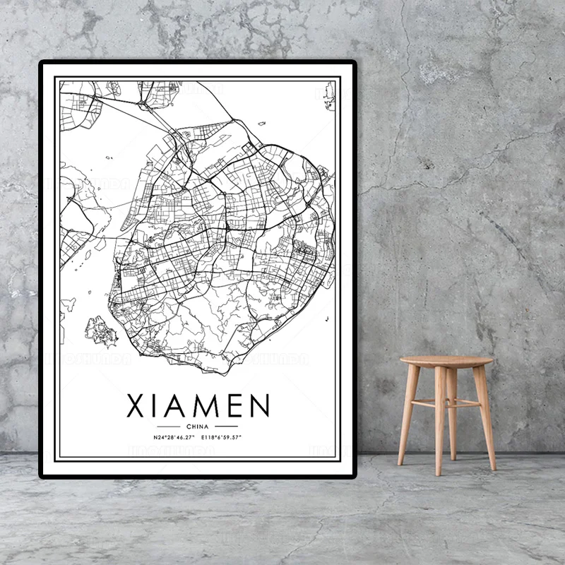 Карта городов мира XIAMEN черно-белый холст ландшафтный плакат принты в