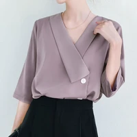 mid sleeve shirt blouse spring summer ol professional temperament niche design v neck short sleeved chiffon shirt