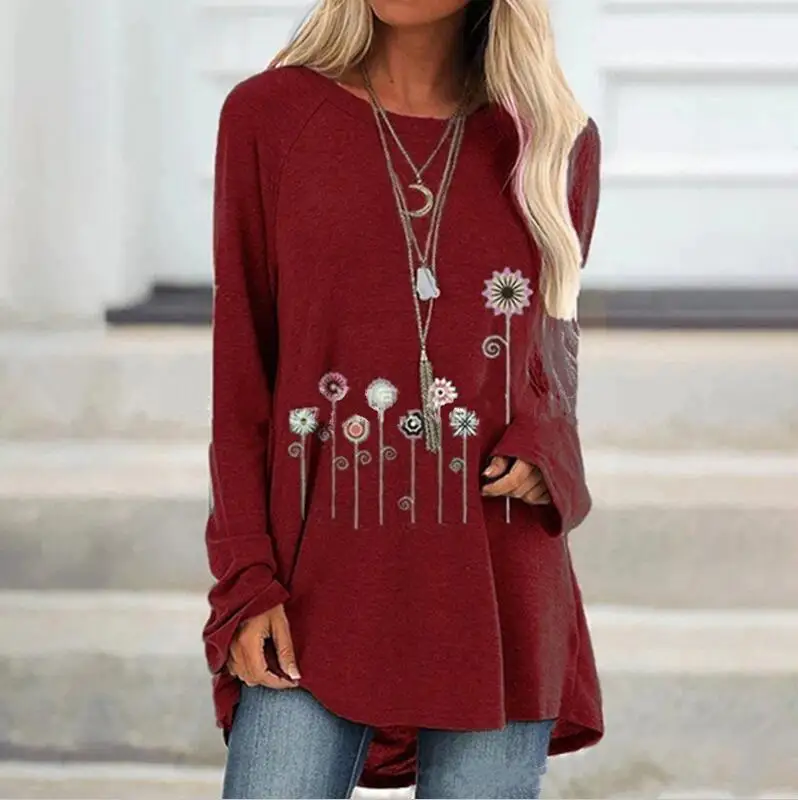 wine red Женская туника, топы размера плюс 5XL, осенне-зимняя повседневная футболка с круглым вырезом и принтом, топы с длинным рукавом и принтом, blusas mujer de moda - Цвет: wine red