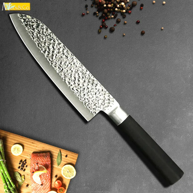 

Кухонный нож шеф-повара Santoku, ножи для мяса, фруктов, овощей, 7 дюймов, X50CrMoV15, нержавеющая сталь, японский резак, резиновая ручка