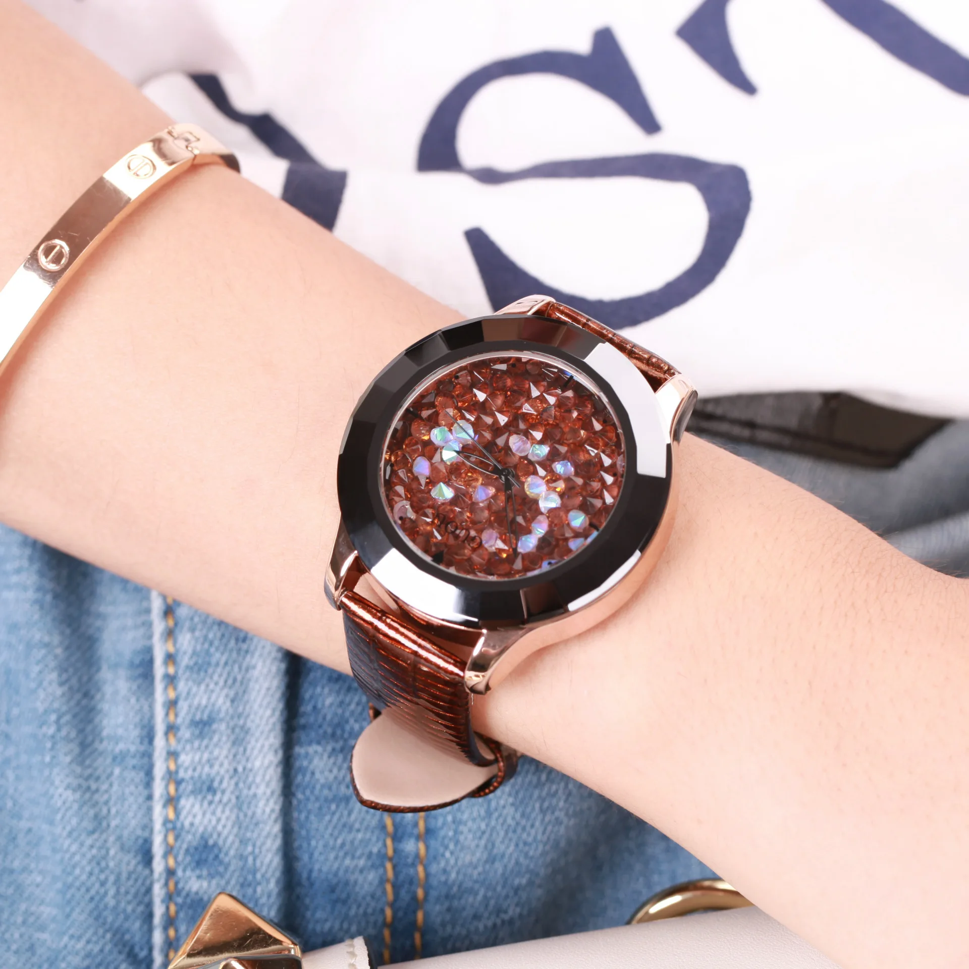 

Women Watches Leather Watchband Luxury Diamond Watch Korean Style Waterproof Large Dial Fashion Rhinestone Relojes Para Mujer