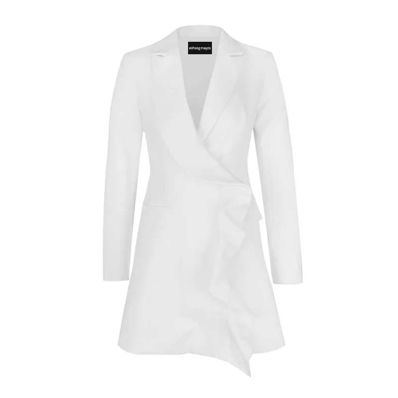 

2020 autumn new fashion European and American women's V-neck ruffled long sleeve waist slim A long dress