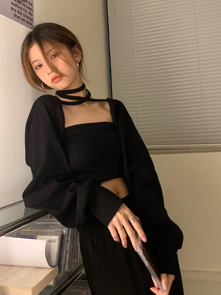 

T-shirt Shawl Small Coat 2021 New Women's Spring and Autumn Thin Blouse Early Autumn Long Sleeve Top Strapless Two-piece Set