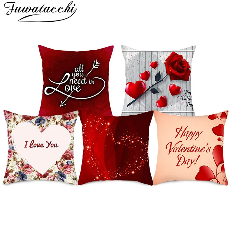 Чехол на подушку Fuwatacchi I Love You Words с красным цветком и сердечком принтом наволочка