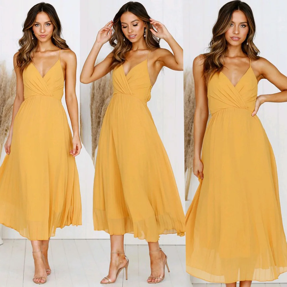 

Summer Fashion Sexy Suspenders V-Neck Wrapped Dress Women Solid Color A-Line Backless Bandage Mid-Long Dresses Sleeveless Dress