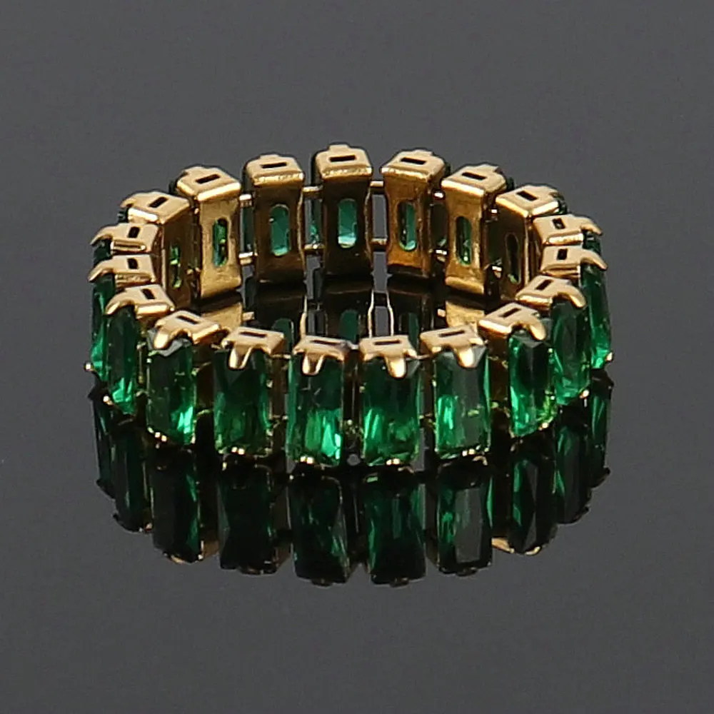 

18K Gold Plated Stainless Steel Green Cubic Zirconia Rings Baguette Shiny Zircon Stone Wedding Band Ring for Women Jewelry