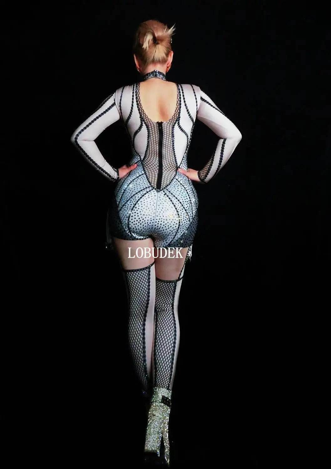 

Long Sleeve Women Jumpsuit Black Rhinestones Stretch Skinny Jumpsuits Bar Nightclub Stage Wear Singer Dancer Crystals Costume