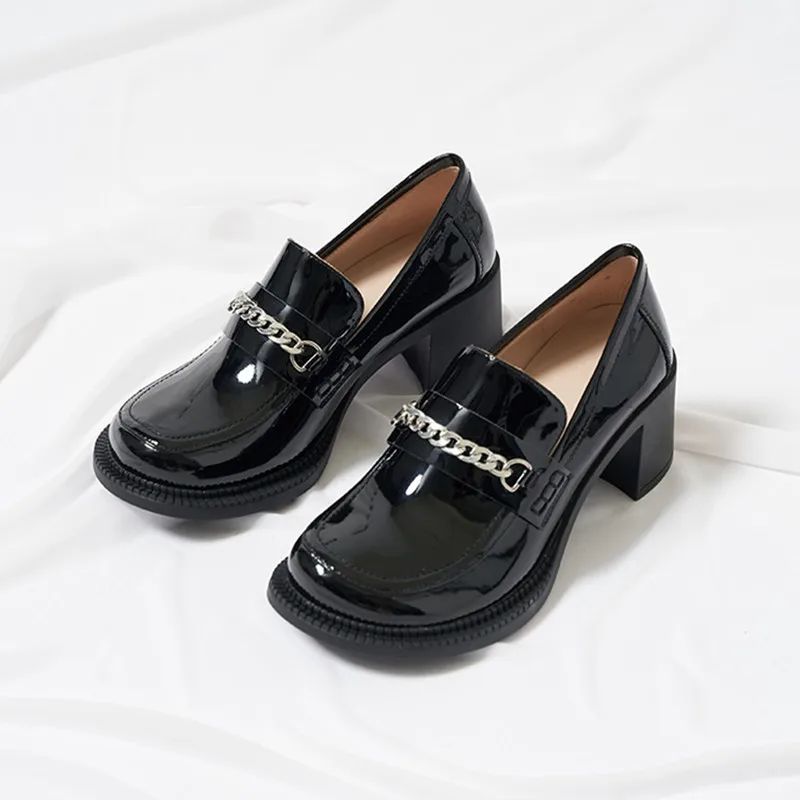 

Fashion New Spring Women's Shoes High Heels Black Loafers Round Patent Leather Shoes Ladies Chain Thick Heels Shoe zapatos mujer