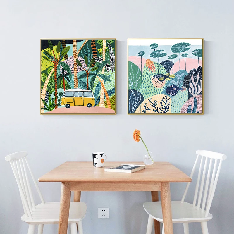 Джунгли Дикий леопард тропические животные Птица лист скандинавский плакат