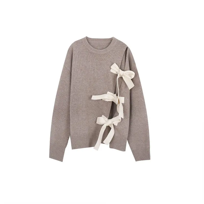 

XITAO Splicing Slit Bow Pullover Sweater Long Sleeve O Color Women 2020 Winter New Loose Casual Fashion All-match ZY2306