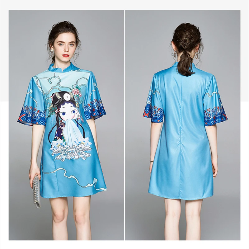 

Summer Chinese Style Cartoon Print Women Dresses Elegant Stand Half Flare Sleeve A-Line Cheongsam Dress Loose Casual Dresses