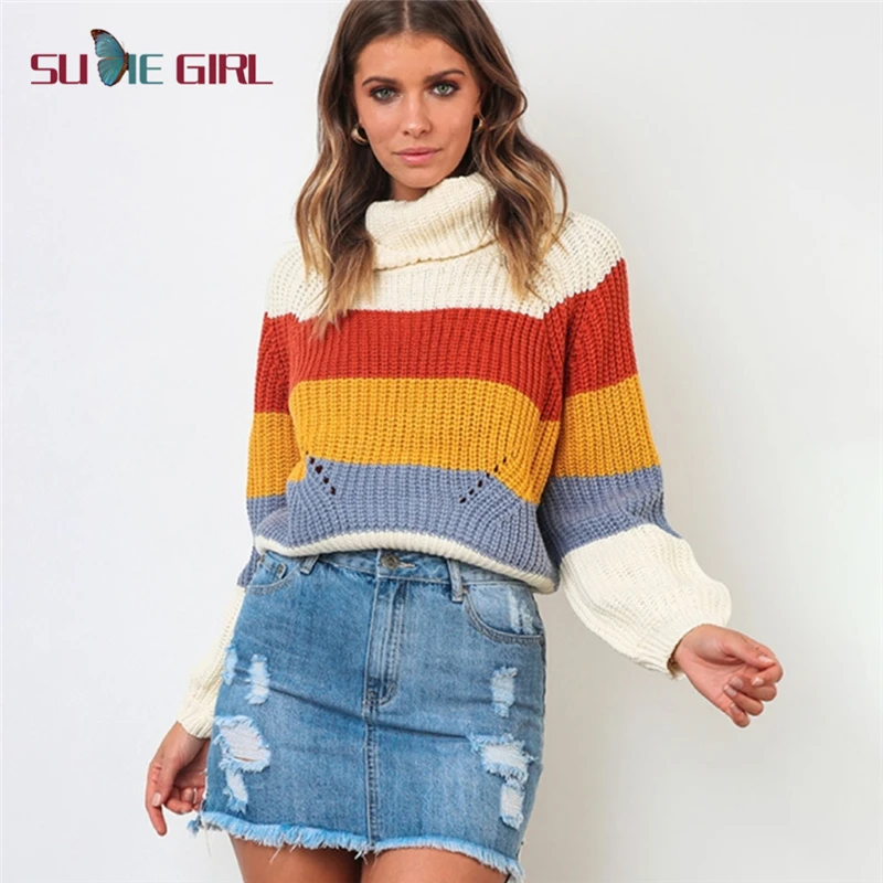 

SUDIE Girl Fashion new casual style sweater net red stitching high neck long sleeve women's clothing